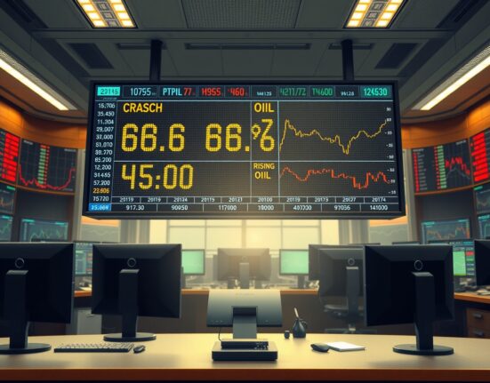 Gold price crash and oil spike shown on financial trading desk monitors during USD rally.