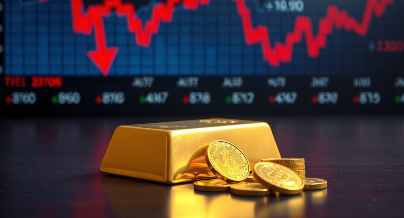Gold bars and coins on a dark surface with a blurred financial screen showing market declines
