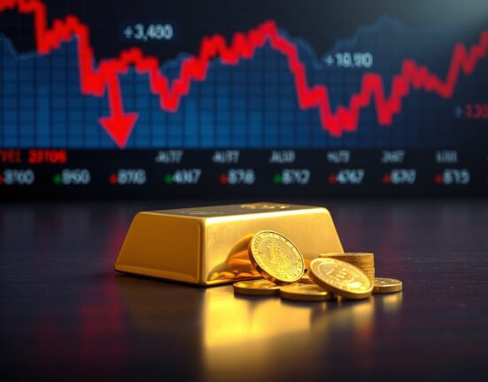Gold bars and coins on a dark surface with a blurred financial screen showing market declines