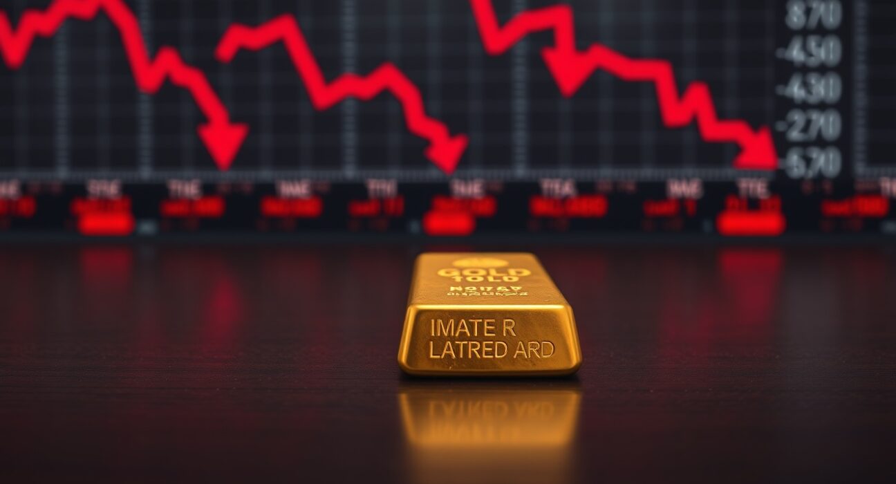Gold bar with blurred stock market ticker showing declines in background