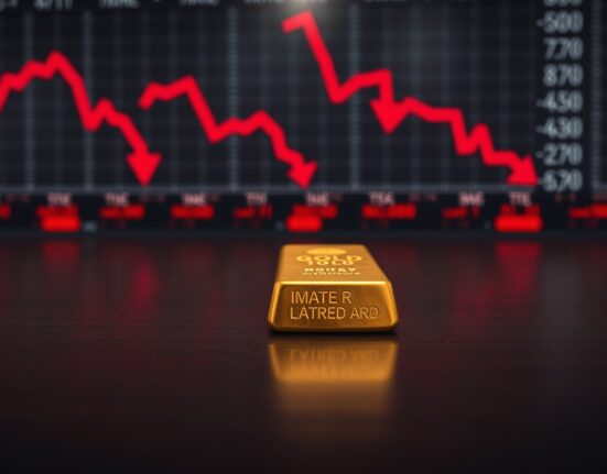 Gold bar with blurred stock market ticker showing declines in background