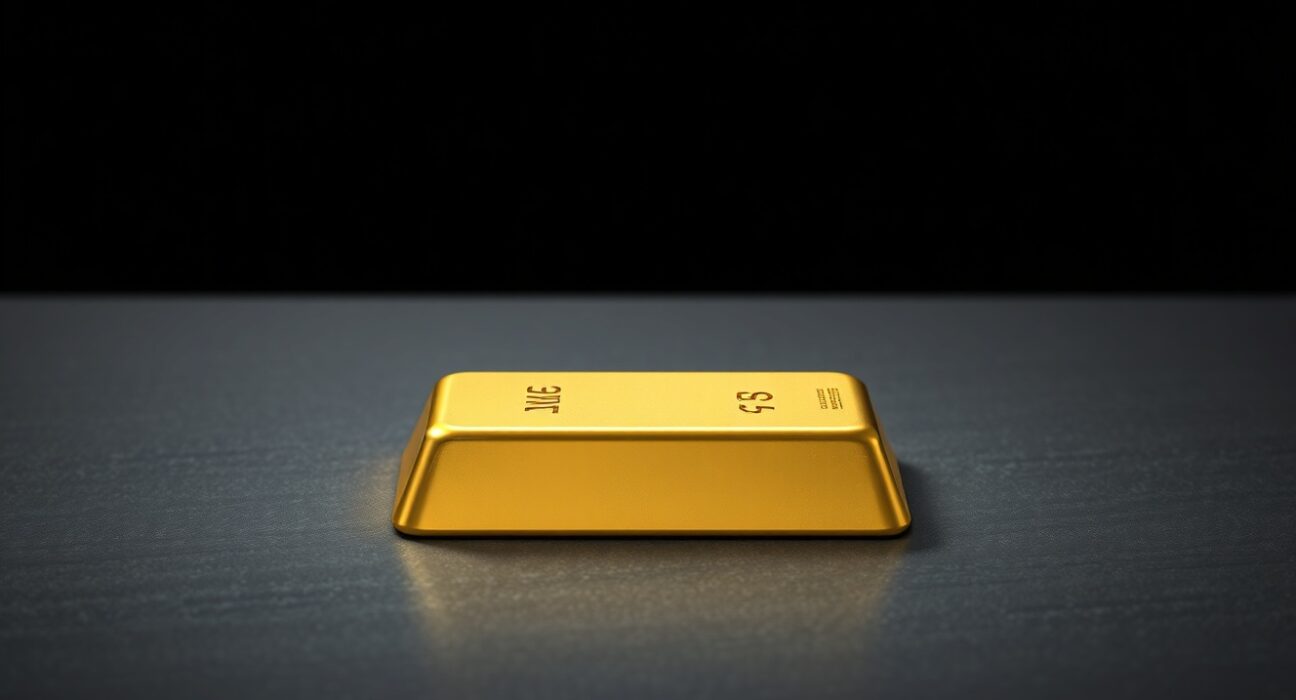 Gold bullion bar representing the sharp decline in gold price to a new yearly low.