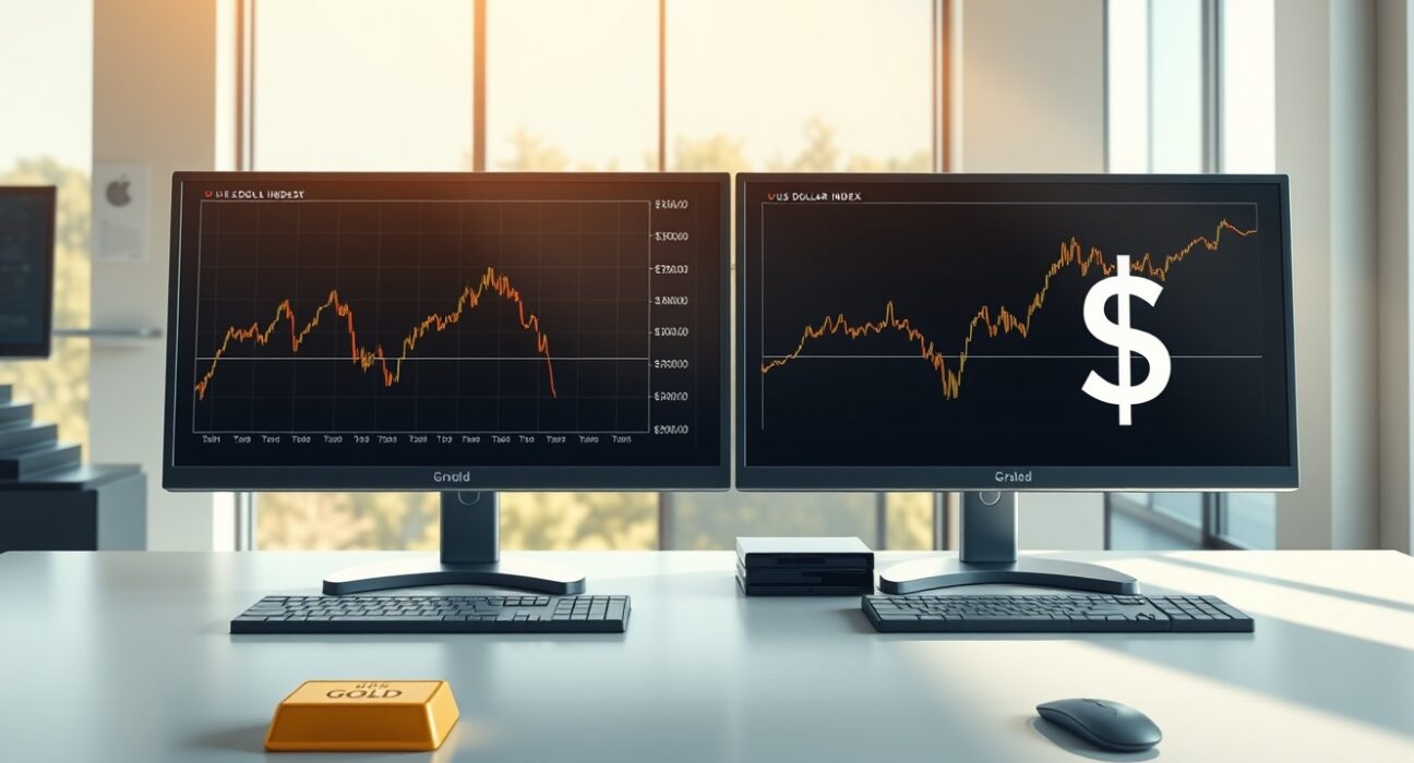 Gold price decline chart versus US dollar strength chart on trading desk monitors
