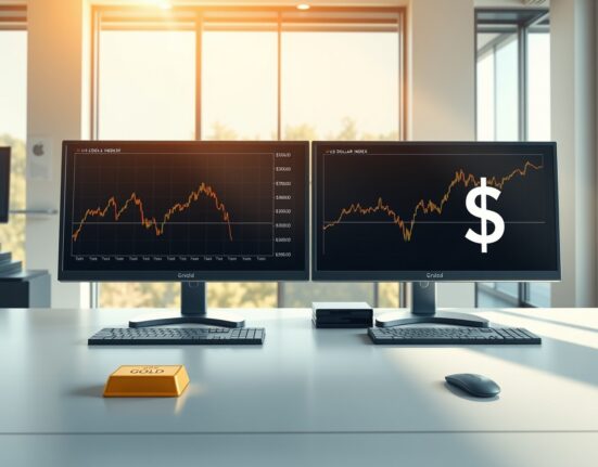 Gold price decline chart versus US dollar strength chart on trading desk monitors