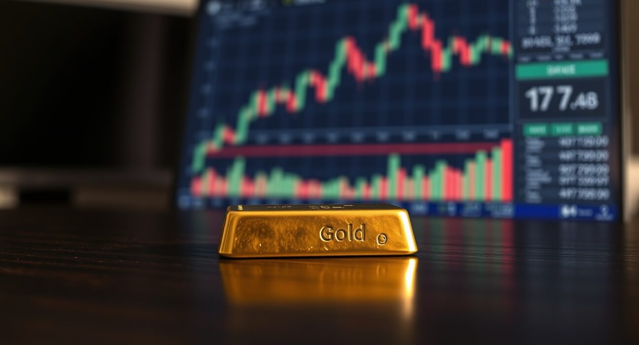 Gold bullion bar on dark surface with blurred financial charts in background
