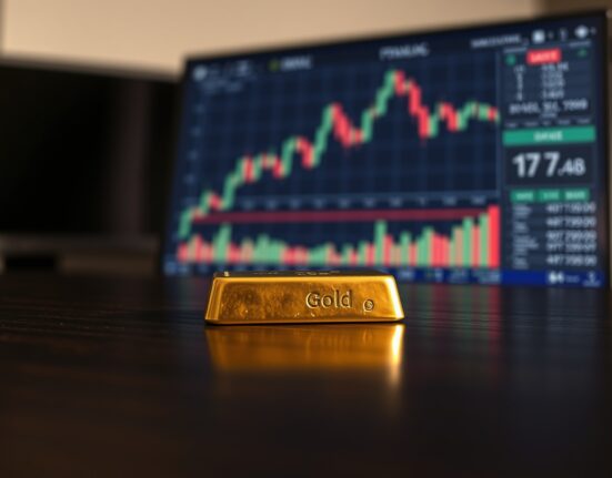 Gold bullion bar on dark surface with blurred financial charts in background