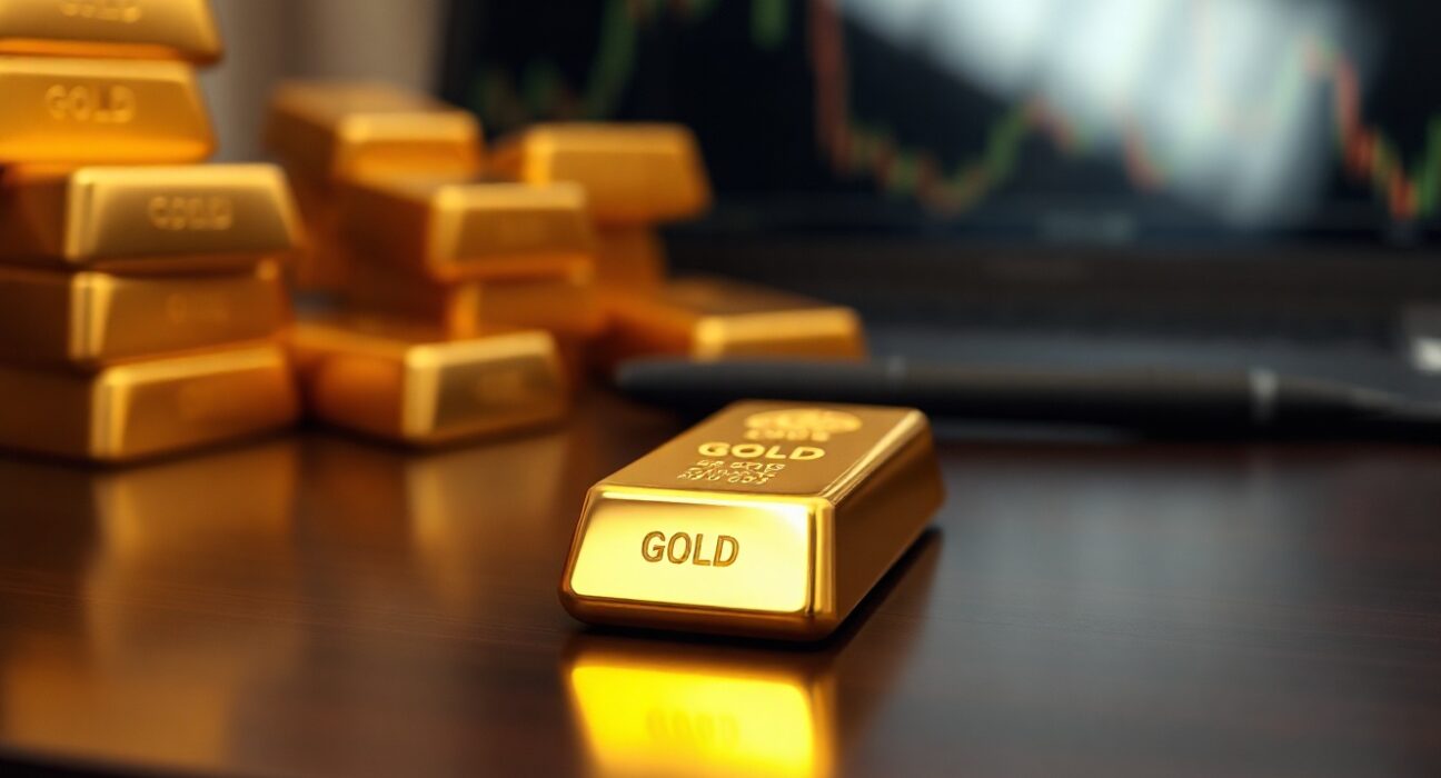Gold bar on dark wooden surface with soft lighting, representing gold market stability and central bank demand.
