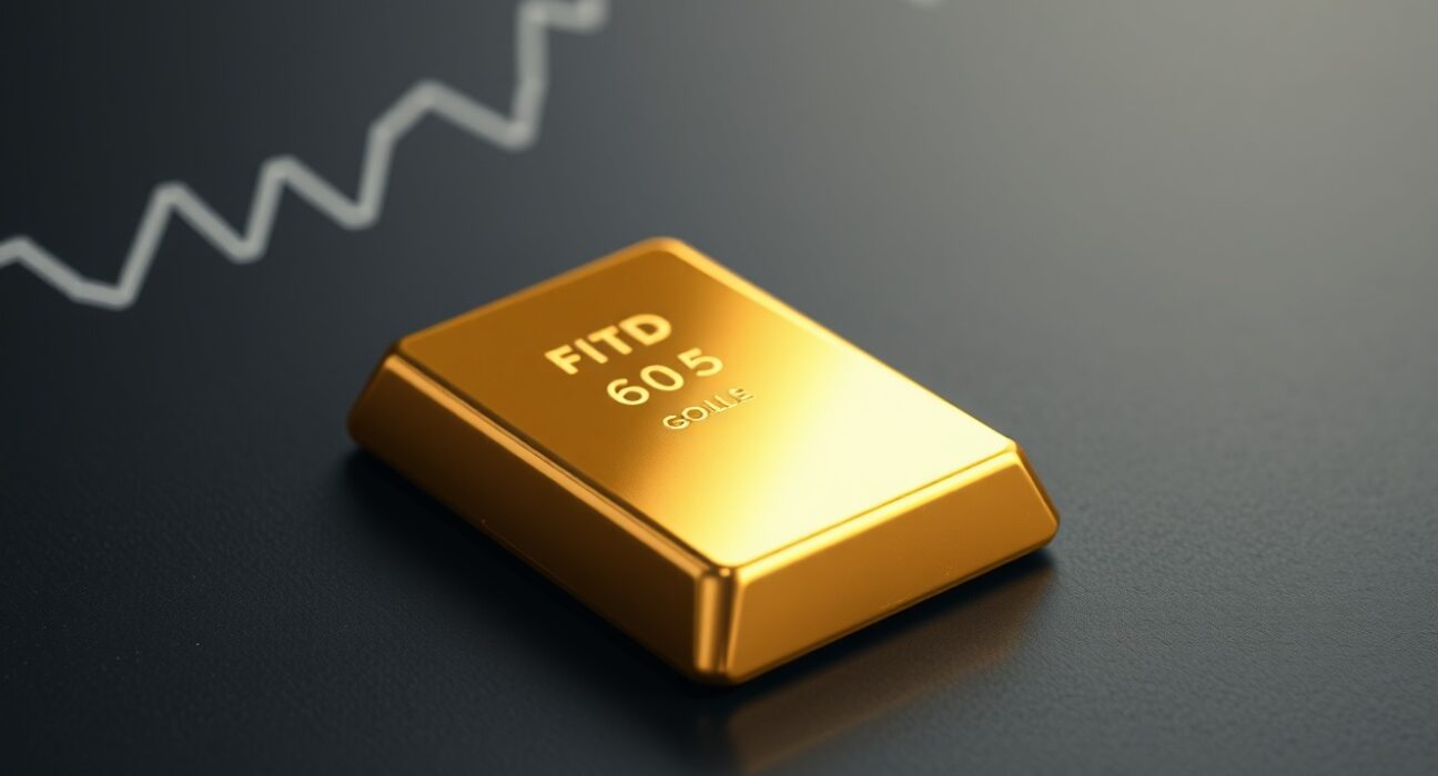 Gold bullion bar with financial chart background representing falling gold price amid central bank policy.