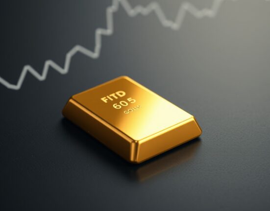 Gold bullion bar with financial chart background representing falling gold price amid central bank policy.