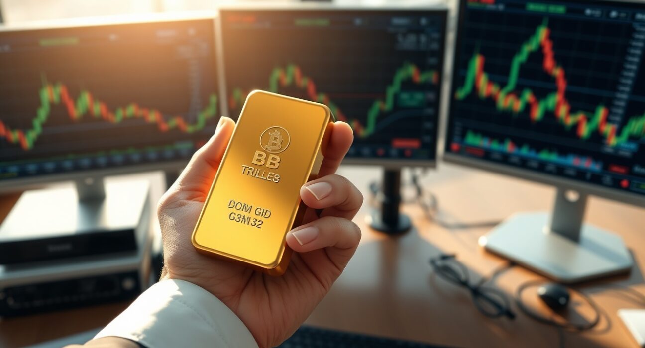 Gold bullion bar on a trading desk representing current gold price stability amid Federal Reserve uncertainty.