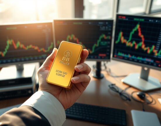 Gold bullion bar on a trading desk representing current gold price stability amid Federal Reserve uncertainty.