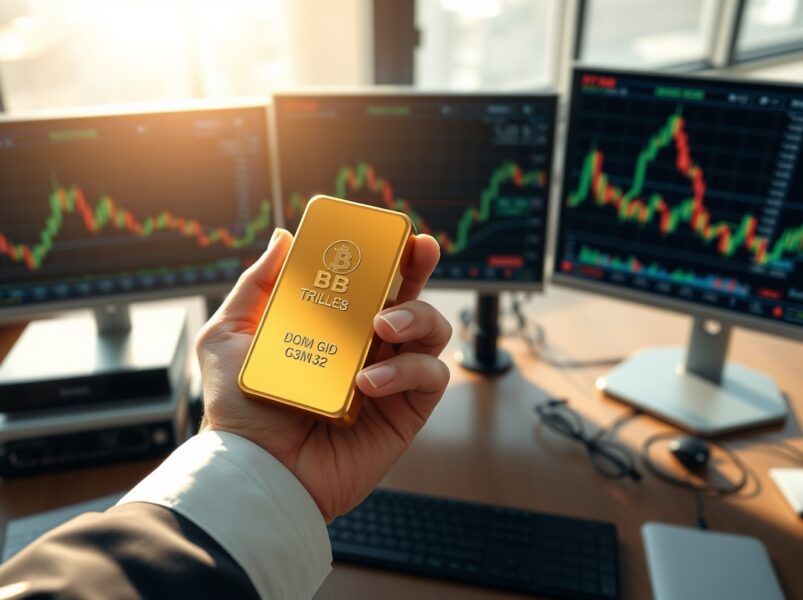 Gold bullion bar on a trading desk representing current gold price stability amid Federal Reserve uncertainty.