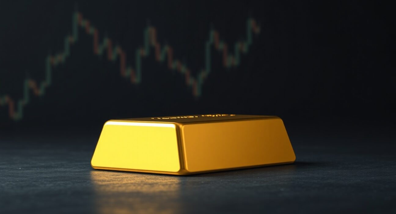 Gold bullion bar representing market analysis of gold price trends amid Federal Reserve policy.