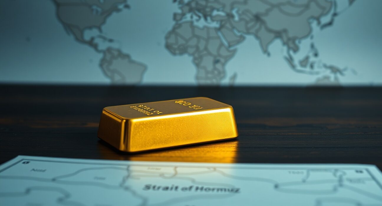 Gold bullion bar with map of Strait of Hormuz, representing market uncertainty amid geopolitical risks.