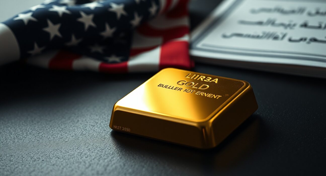 Gold bullion bar representing price surge amid US-Iran ceasefire and dollar weakness.