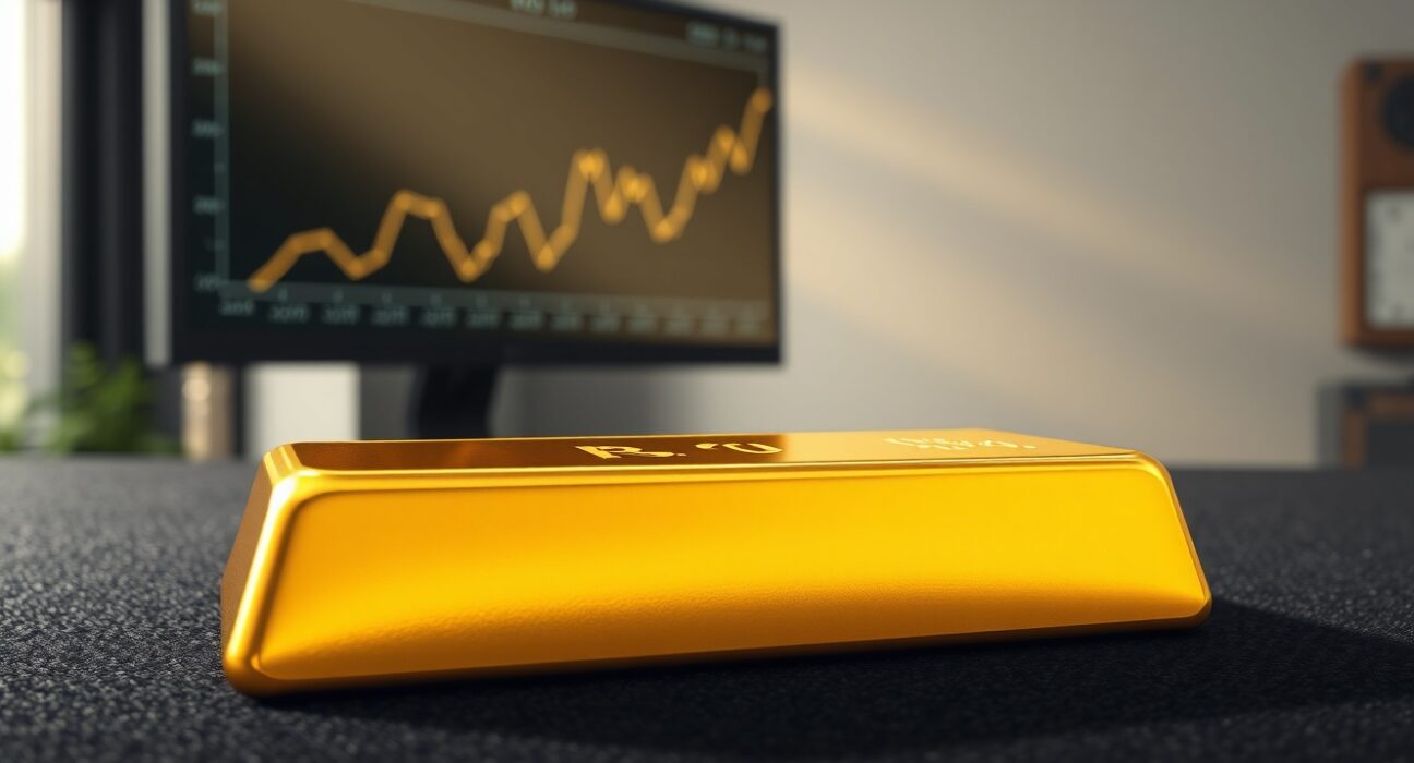 Gold bullion bar representing strong gold price performance amid geopolitical news and US dollar weakness.