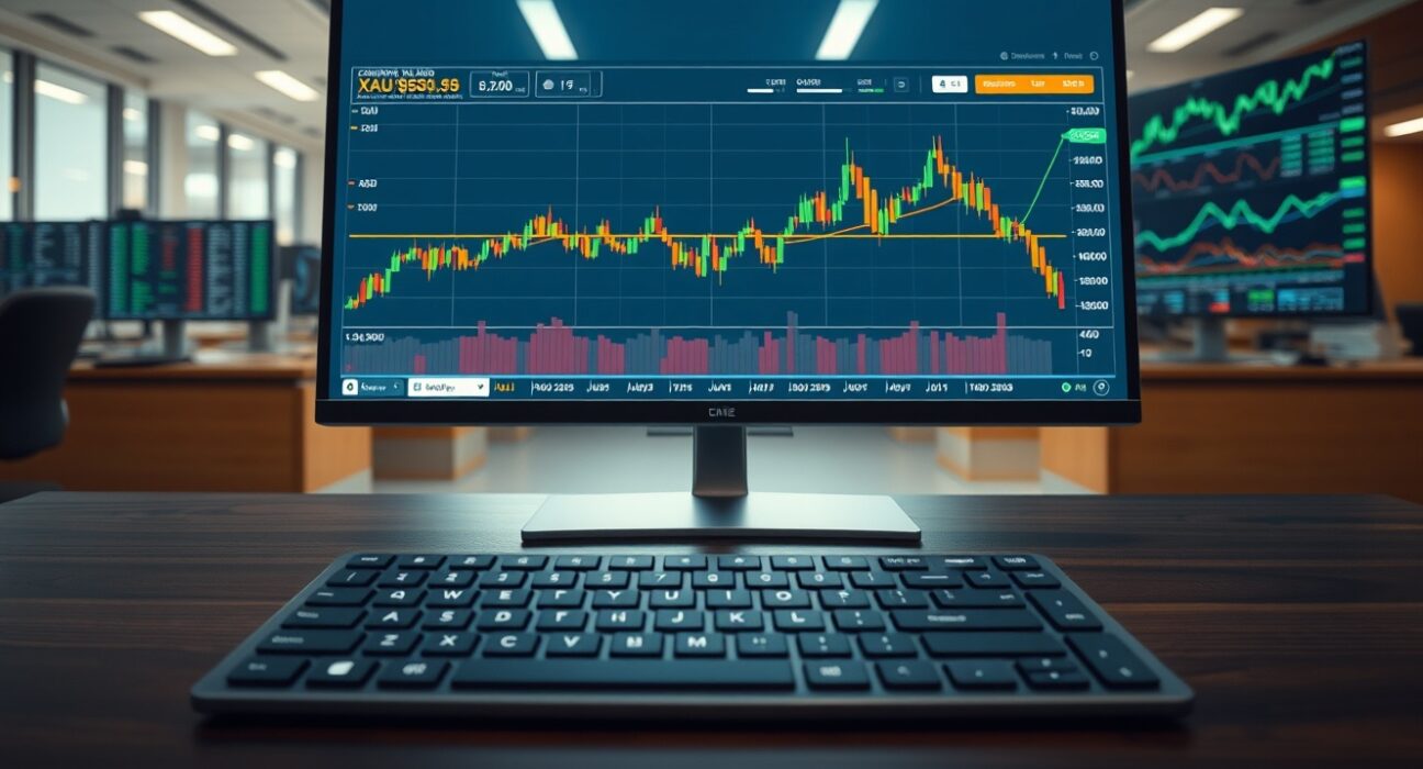 Gold price chart struggles below $5,100 as the US Dollar shows strength on a trading desk.