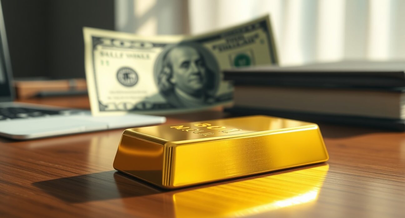 Gold bullion bar with US dollar reflecting market tension ahead of Trump's Iran decision.