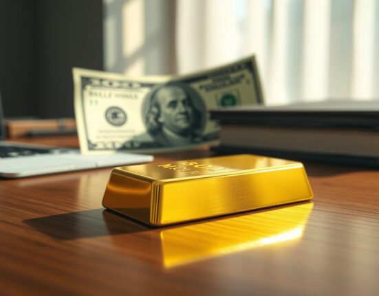 Gold bullion bar with US dollar reflecting market tension ahead of Trump's Iran decision.