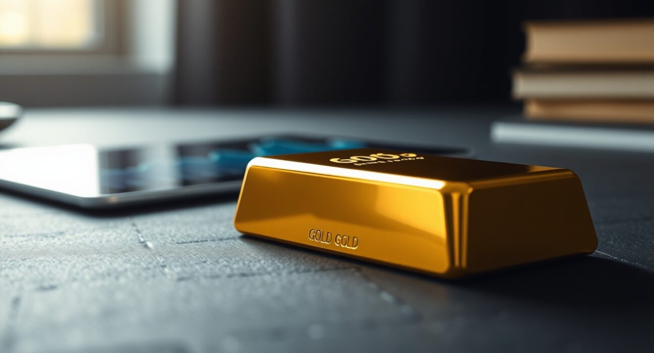 Gold bullion bar representing the rising gold price amid dollar weakness and geopolitical tension.