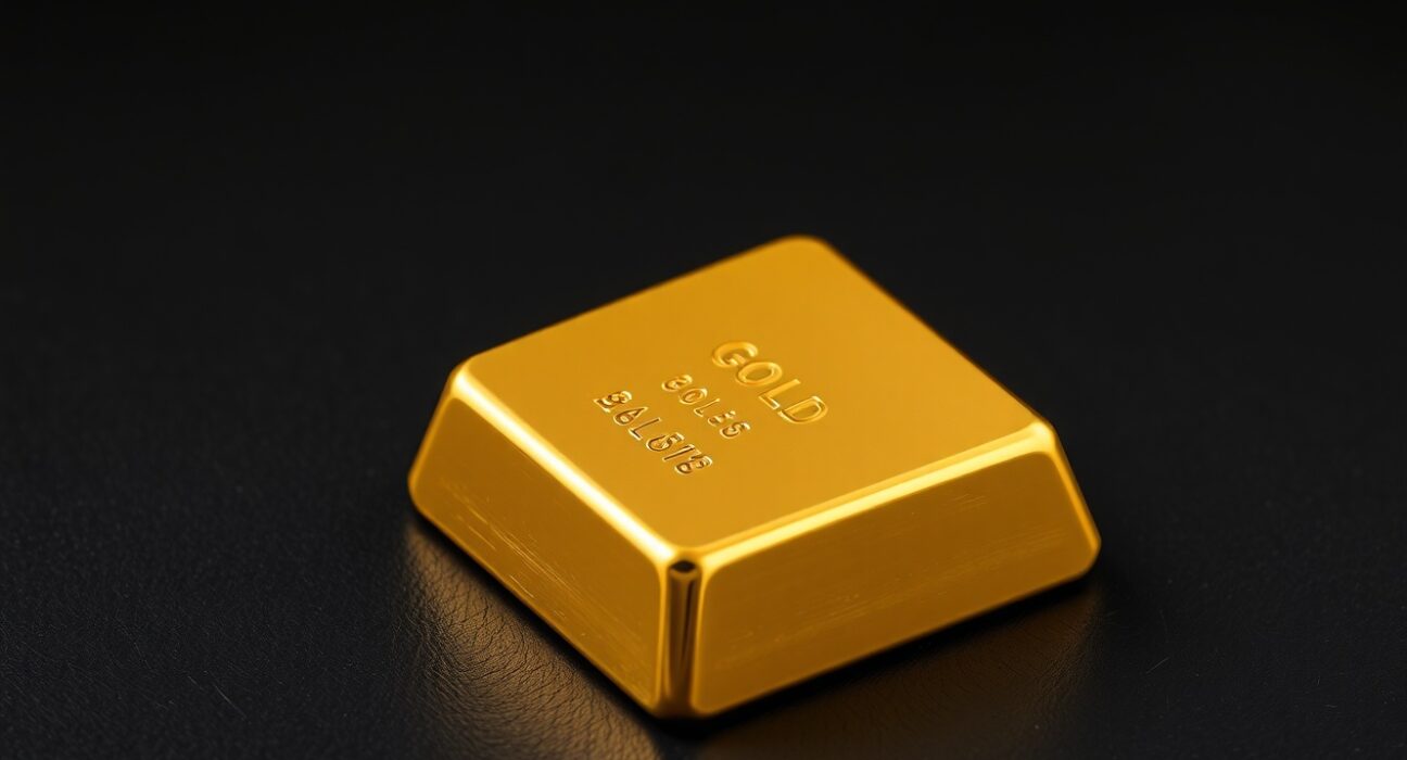 Gold bullion bar representing the current gold price surge amid US dollar weakness.