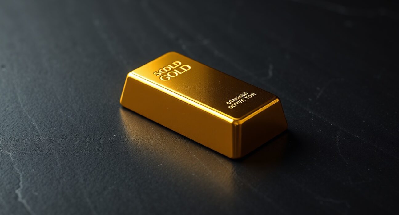 Gold bullion bar representing the surge in gold price as the US dollar weakens.