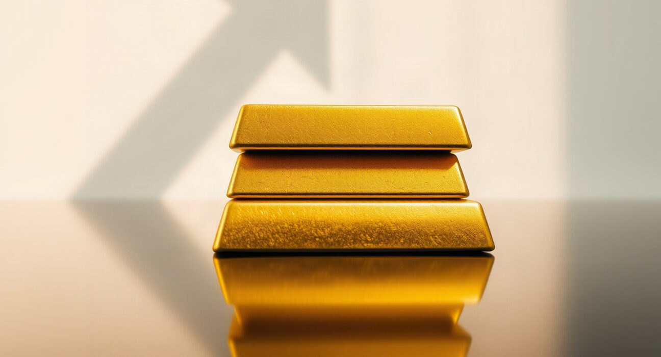 Gold bars on a reflective surface with a shadow suggesting market decline