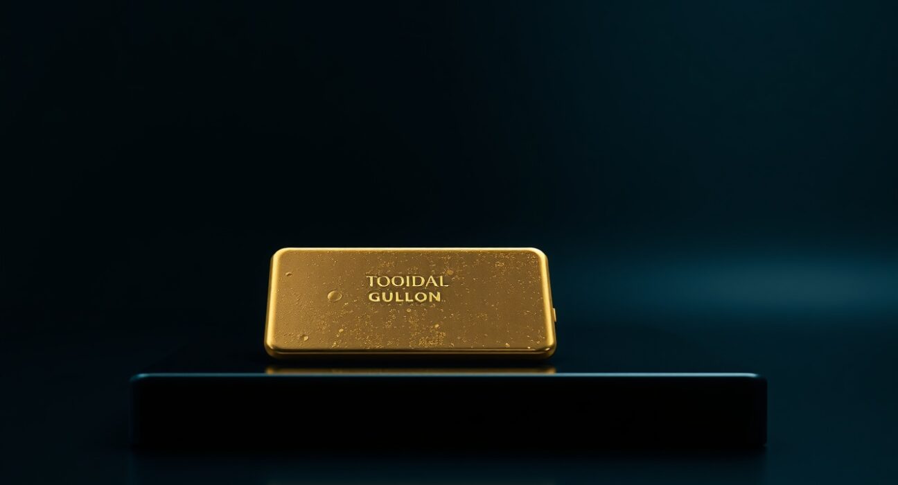 Gold bullion bar on dark surface with soft lighting, representing falling precious metal prices.