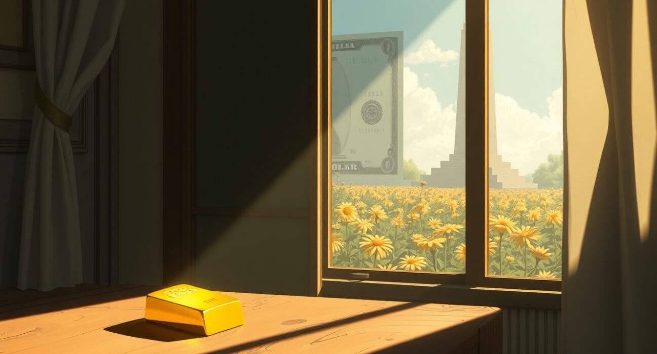 Conceptual illustration of a strong US dollar impacting gold market prices and investor sentiment.