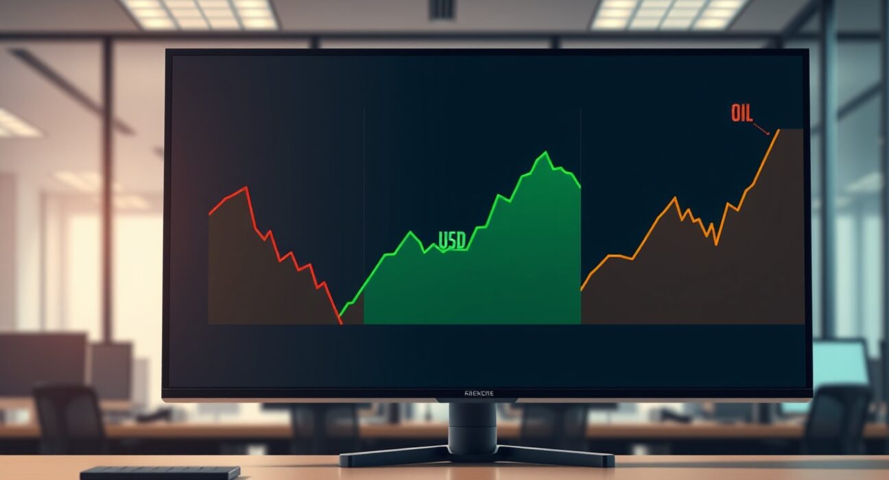 Financial charts showing gold price falling, US dollar rising, and oil price increasing on a trading desk monitor.