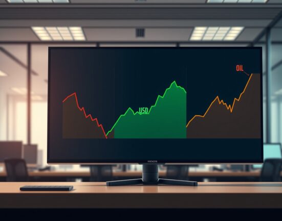 Financial charts showing gold price falling, US dollar rising, and oil price increasing on a trading desk monitor.