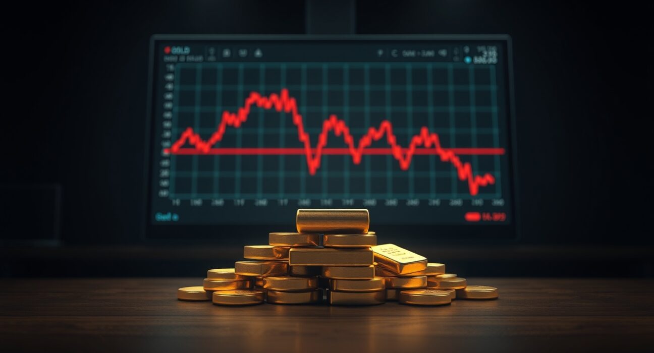 Gold price drop illustration showing gold bars with a declining chart, reflecting market reaction to Iran uncertainty