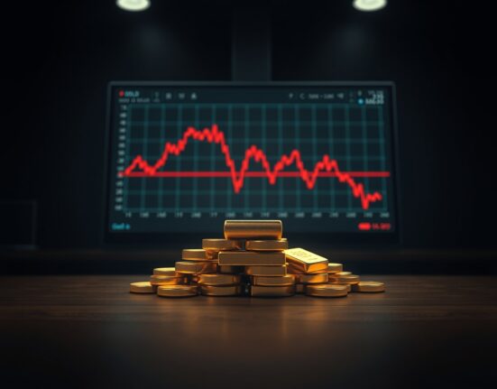 Gold price drop illustration showing gold bars with a declining chart, reflecting market reaction to Iran uncertainty