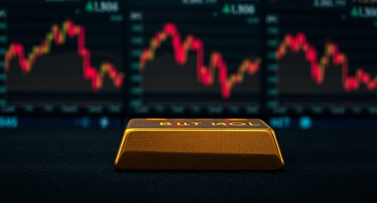 Gold bar reflects market decline due to geopolitical tension and interest rate forecasts.