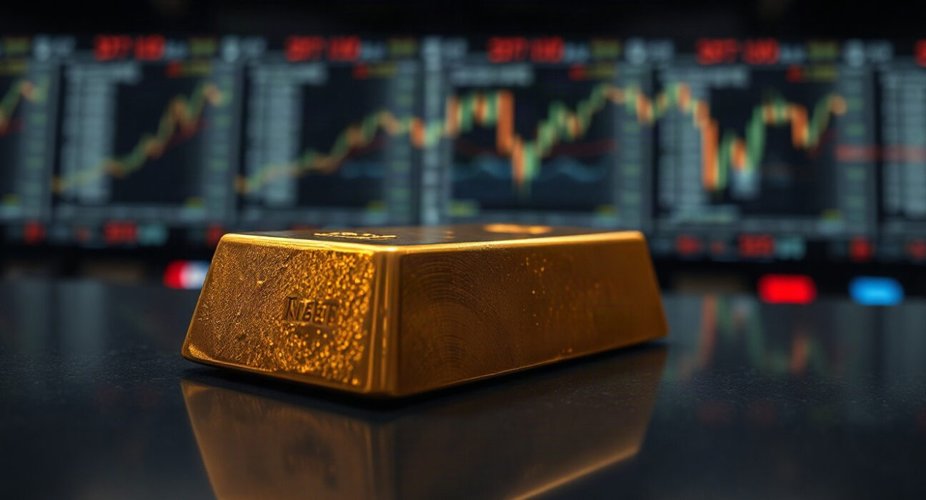 A gold bar on a reflective surface, symbolizing the recent drop in gold prices.
