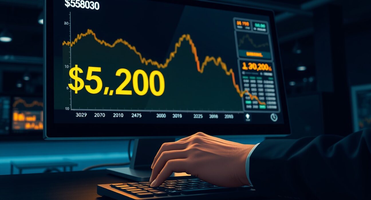 Gold price chart falling below $5,200 on a trading desk monitor ahead of US CPI data.