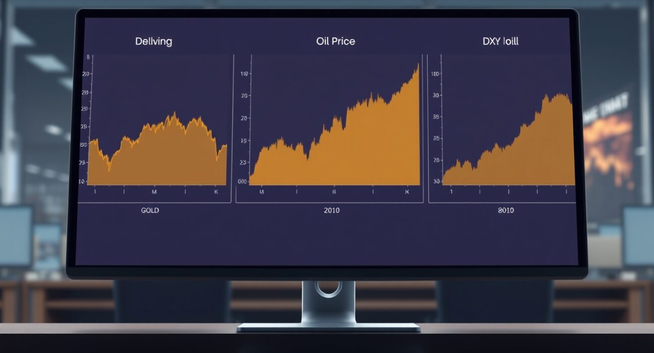 Real-time charts show gold price falling, oil spiking, and the US Dollar rising, illustrating key