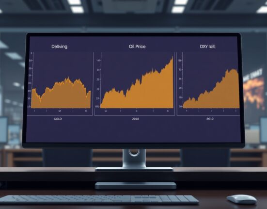 Real-time charts show gold price falling, oil spiking, and the US Dollar rising, illustrating key market dynamics.