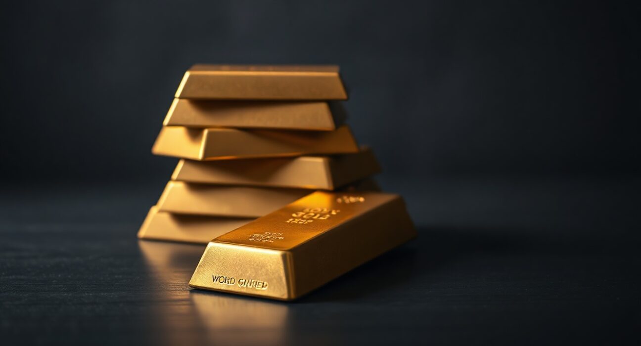 Close-up of gold bars on a dark table with soft lighting, representing declining gold prices.