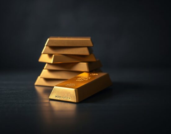 Close-up of gold bars on a dark table with soft lighting, representing declining gold prices.