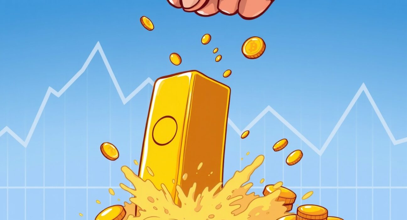 A cartoon illustration depicting a significant gold price fall, with gold bars dropping dramatically.