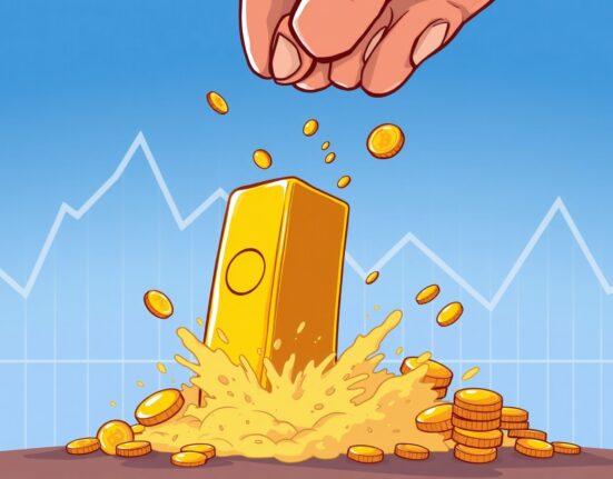 A cartoon illustration depicting a significant gold price fall, with gold bars dropping dramatically.