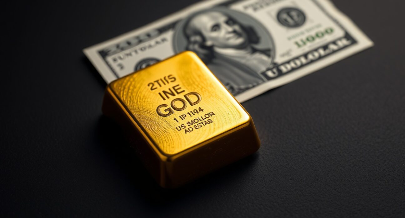 Gold bullion bar with US Dollar illustrating the inverse price relationship as Middle East risks ease.