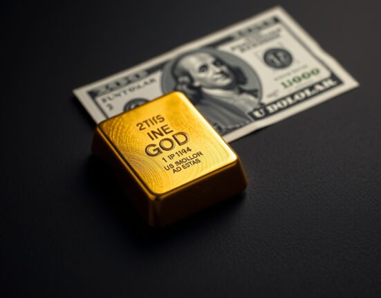 Gold bullion bar with US Dollar illustrating the inverse price relationship as Middle East risks ease.