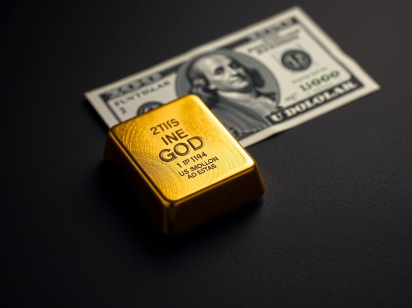Gold bullion bar with US Dollar illustrating the inverse price relationship as Middle East risks ease.