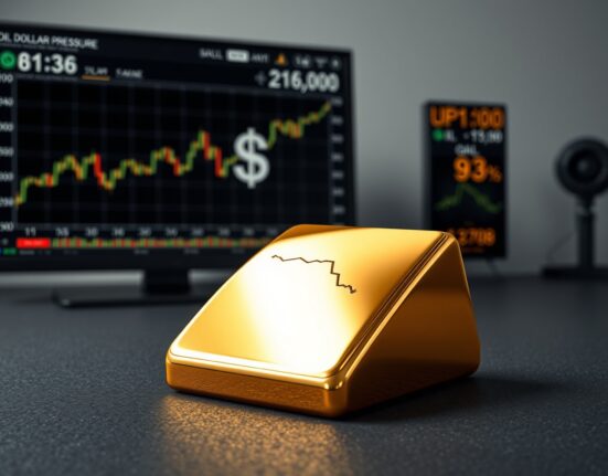 Gold bar reflects market decline due to dollar strength and inflation fears from oil.