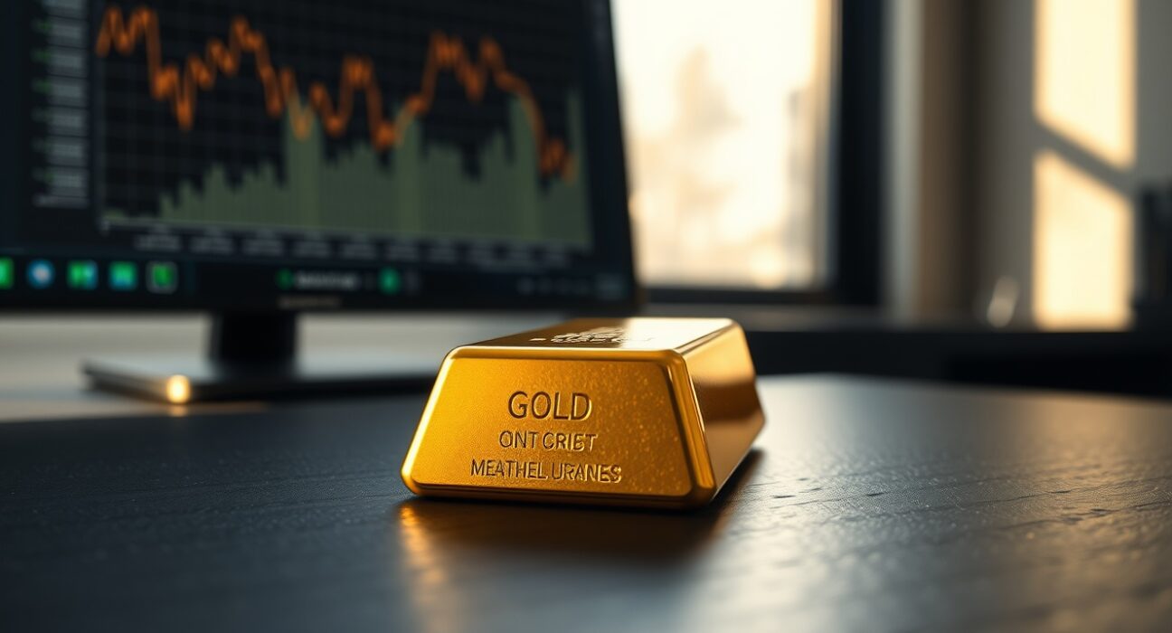 Gold bullion bar with financial chart background illustrating falling gold price trends.