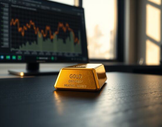 Gold bullion bar with financial chart background illustrating falling gold price trends.