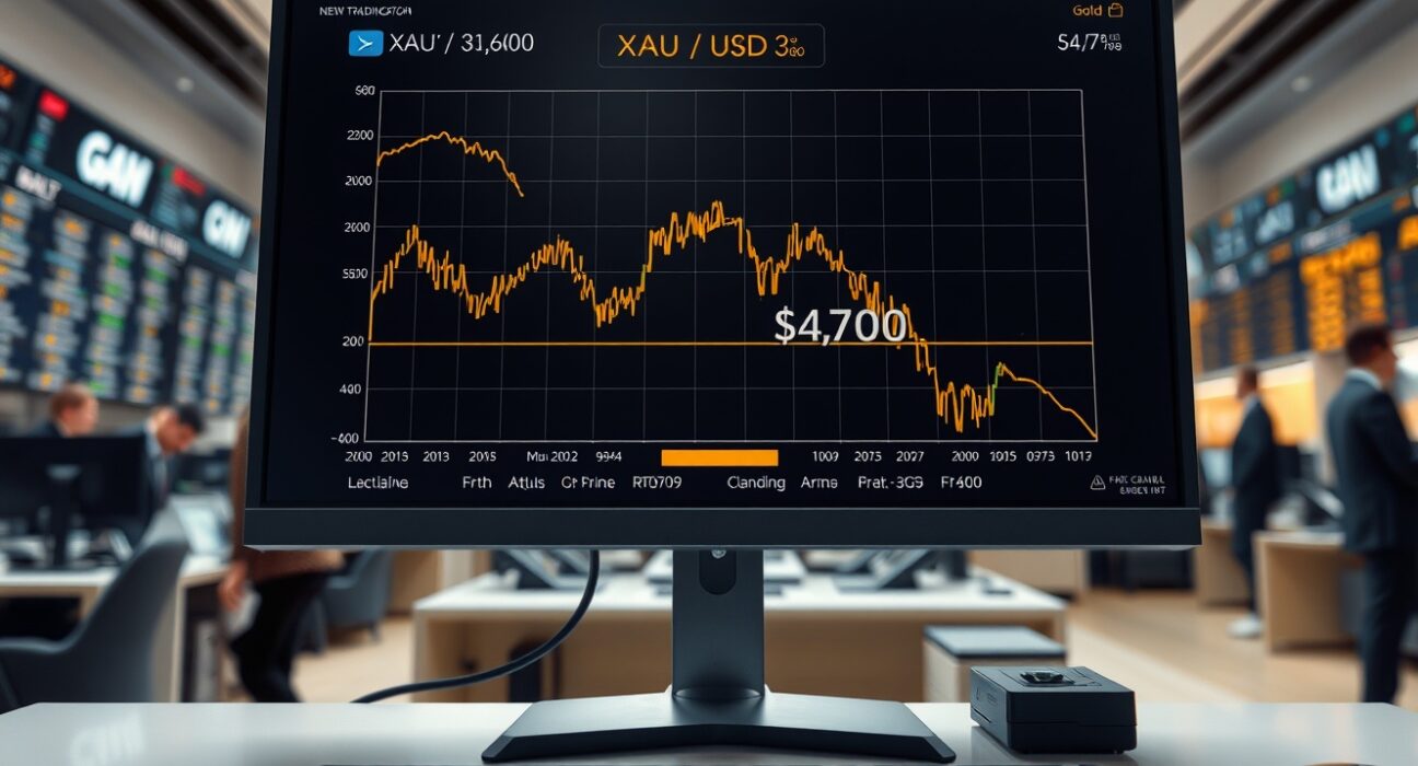 Gold price chart falling below $4,700 ahead of US jobs data release.