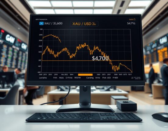 Gold price chart falling below $4,700 ahead of US jobs data release.